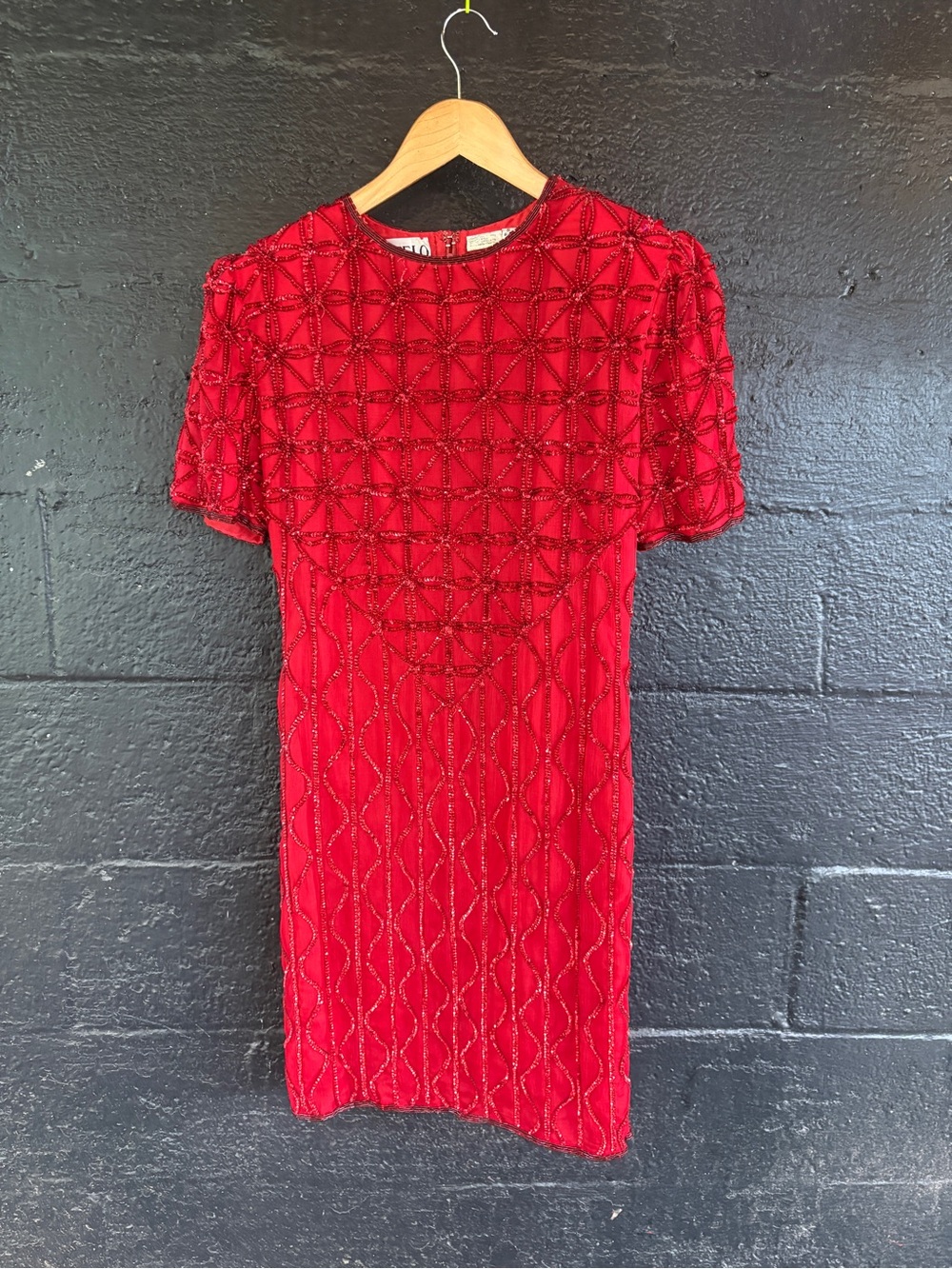 Vintage Red Beaded Silk Mini Cocktail Dress with Geometric Beadwork